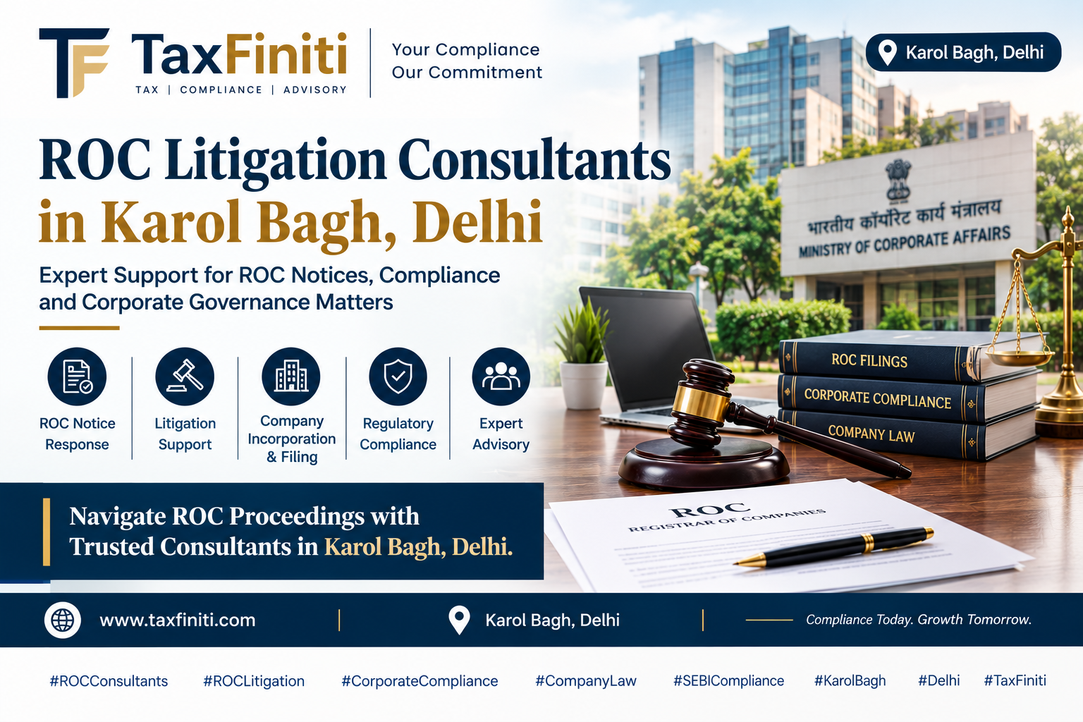 ROC litigation consultants in Karol Bagh, Delhi reviewing company law notices, ROC filings and corporate compliance documents.