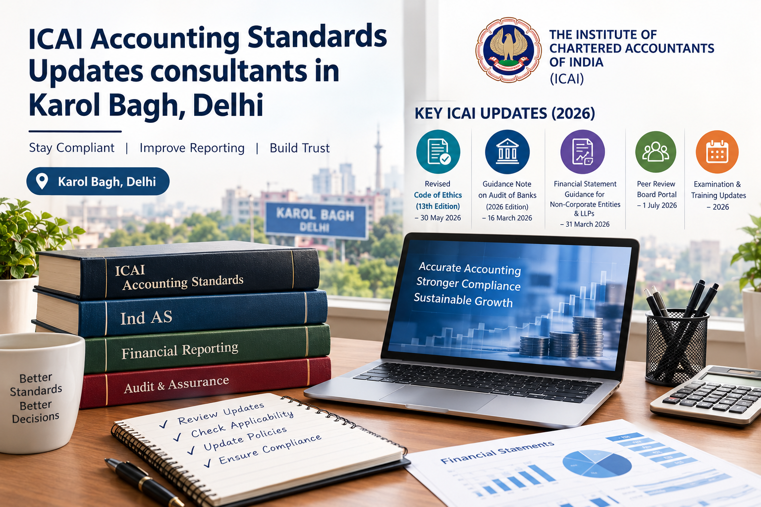 ICAI Accounting Standards Updates consultants in Karol Bagh, Delhi, explaining financial reporting, Ind AS and accounting compliance.